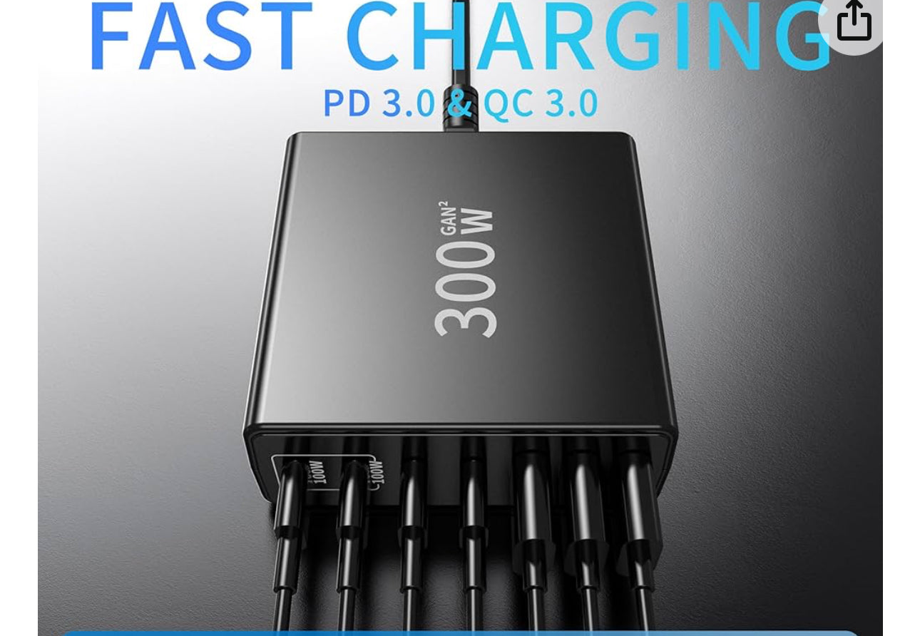 300W USB C Fast Charger Block: 7 Port Fast Charging Station Dual PD PPS 100W